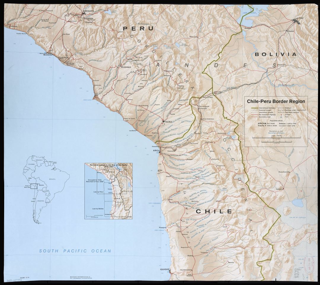 Large detailed Chile-Peru border region map with relief and other marks - 1974