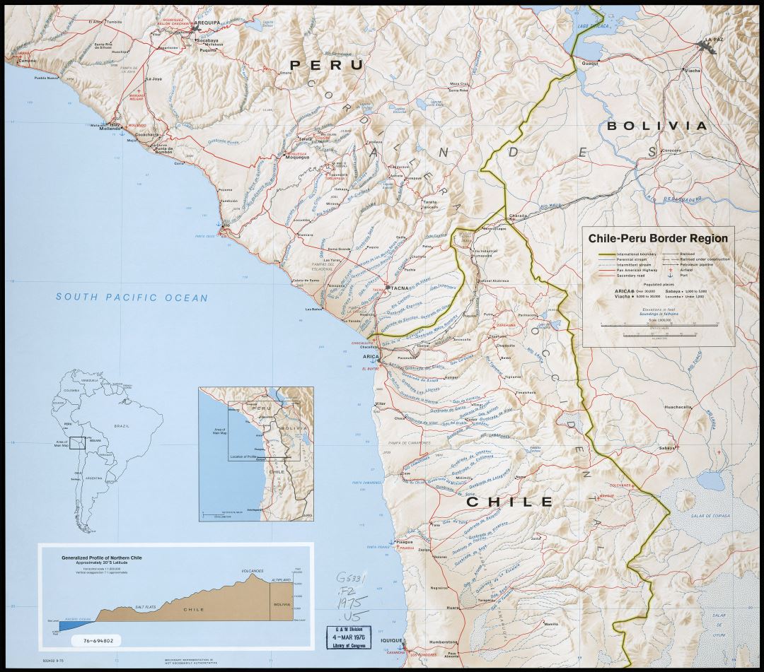 Large detailed Chile - Peru border region map with relief and other marks - 1975