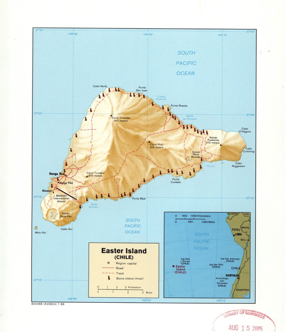 Large detailed map of Easter Island (Chile) with relief and other marks - 1986