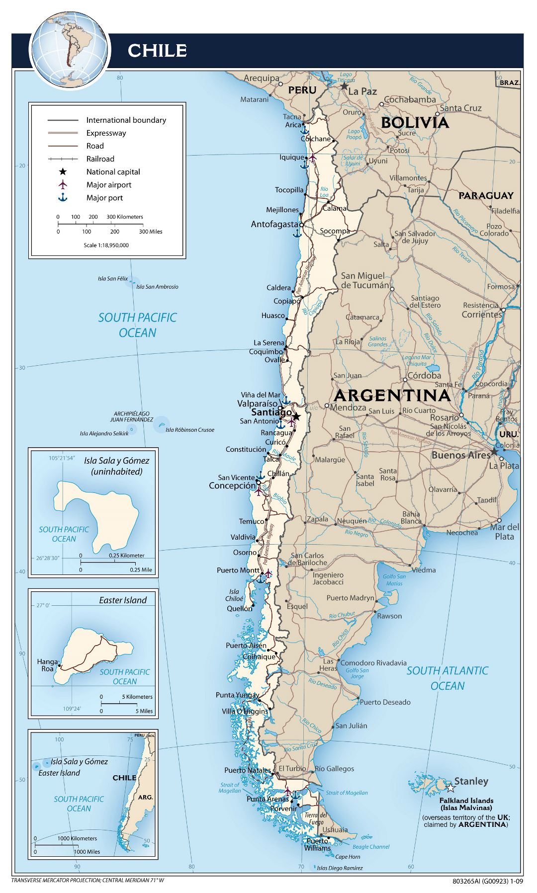 Large detailed political map of Chile with roads, cities, airports and sea ports - 2009