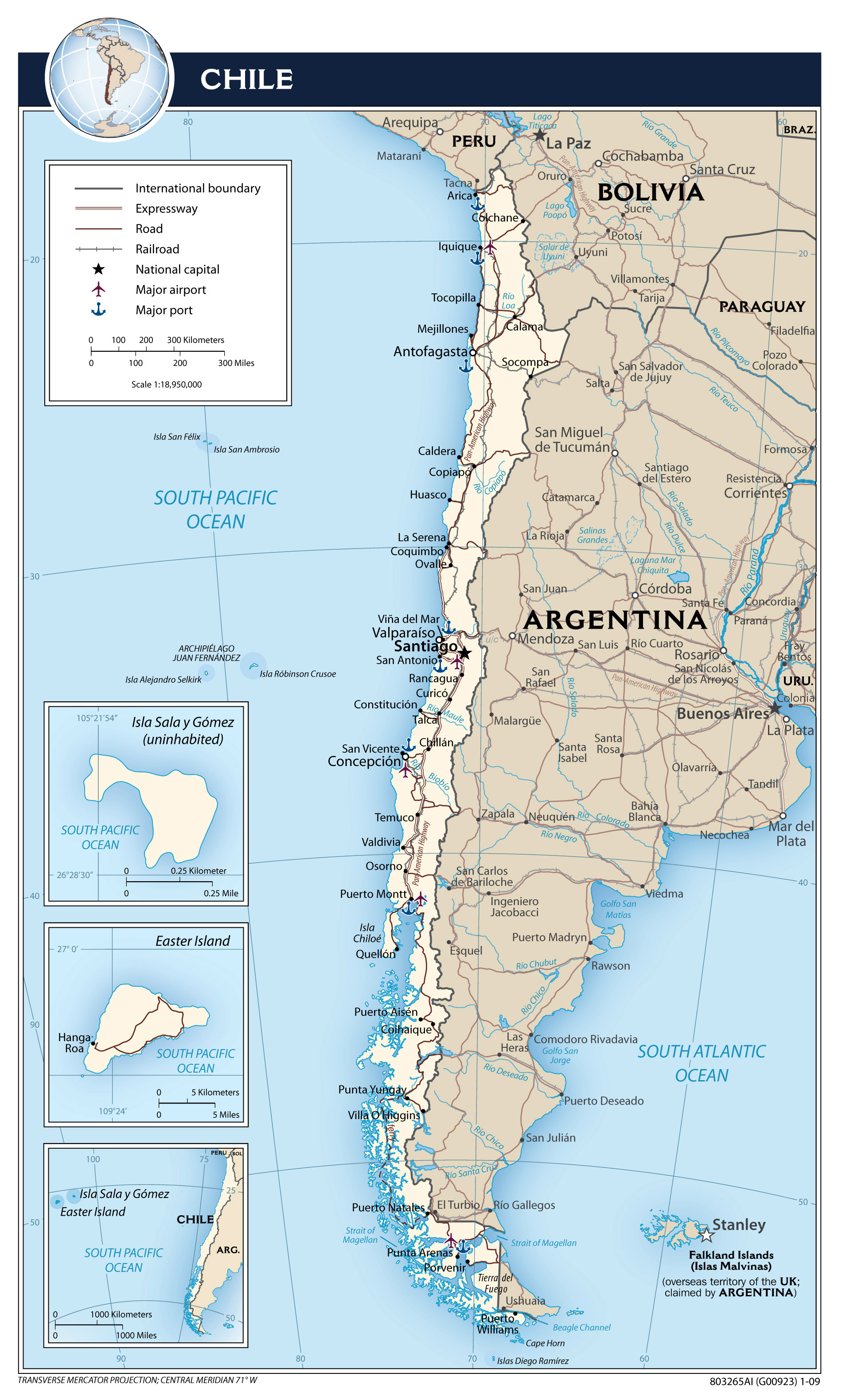 Large Detailed Political Map Of Chile With Roads Cities Airports