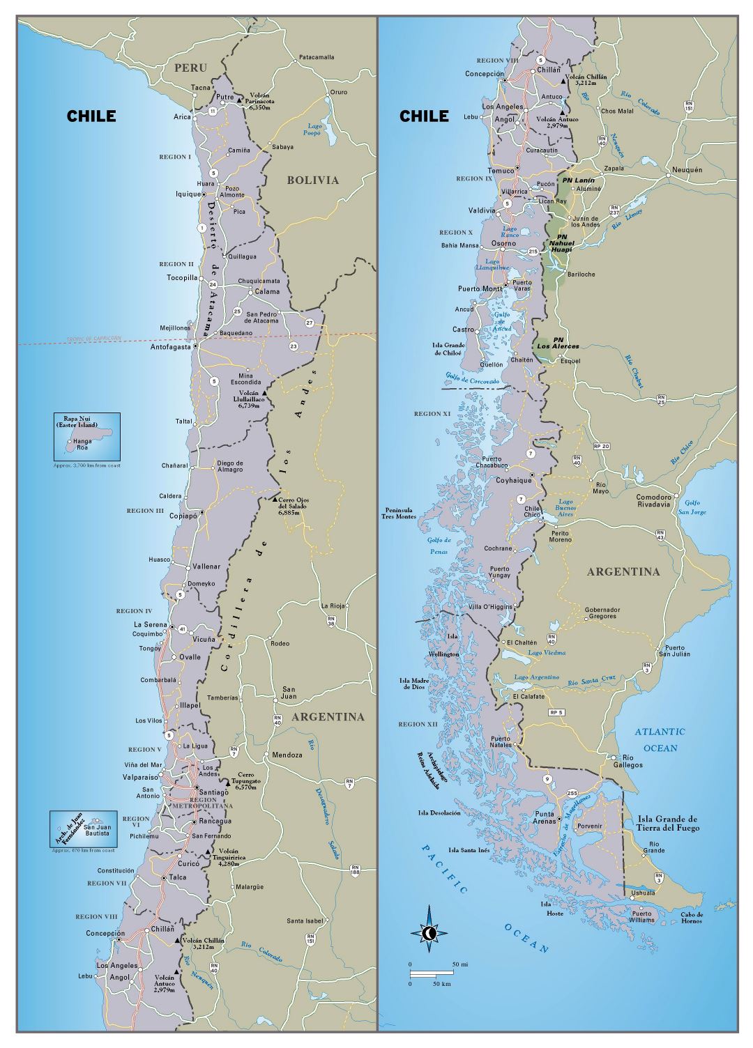 Large detailed travel map of Chile with roads and major cities