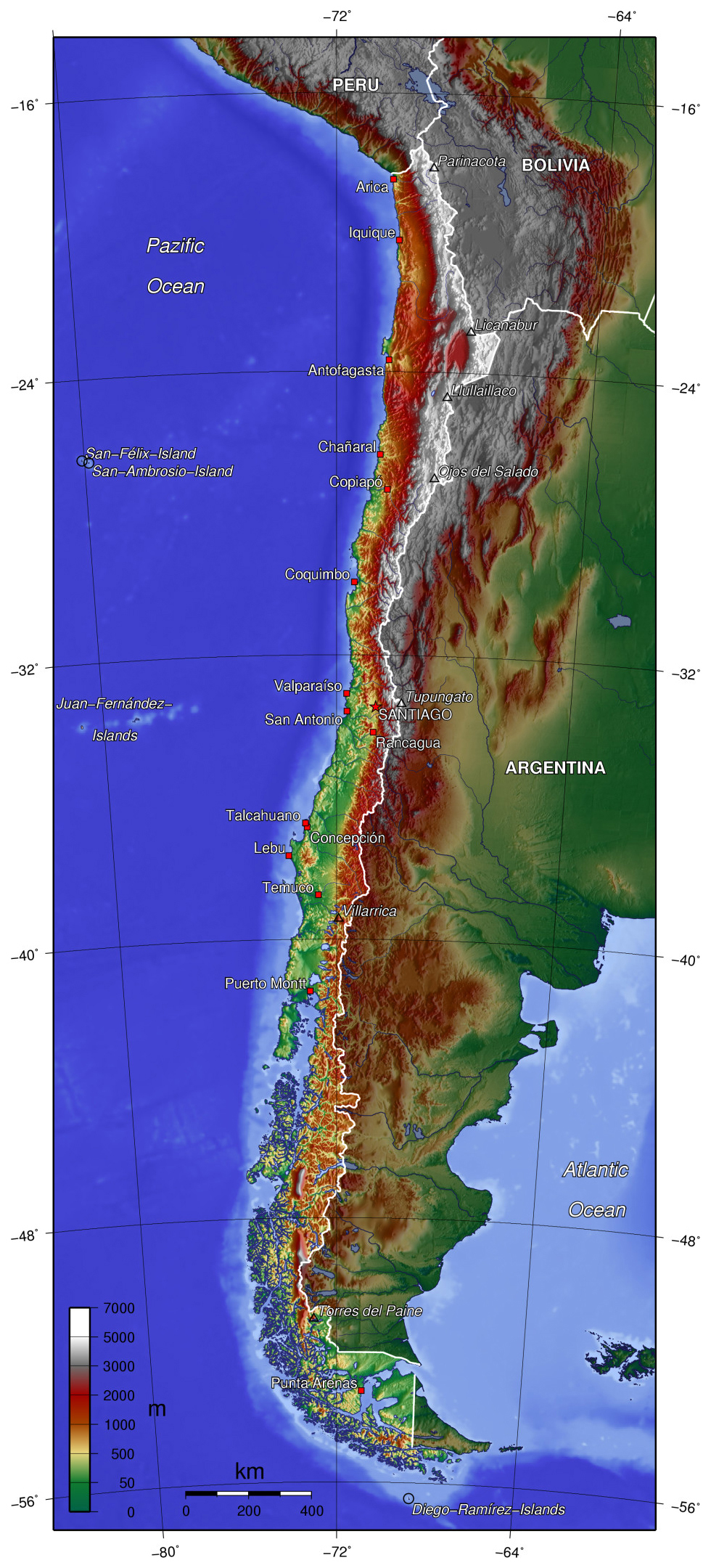 Large physical map of Chile | Chile | South America | Mapsland | Maps