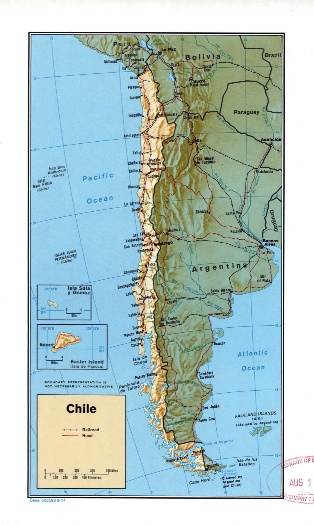 Large political map of Chile with relief, marks of roads, railroads and major cities - 1974