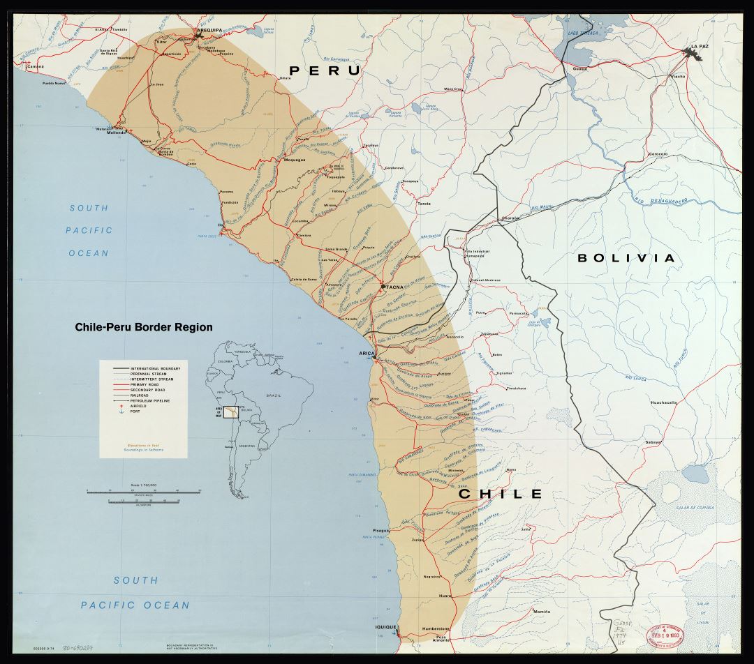Large scale Chile - Peru border region map with other marks - 1974
