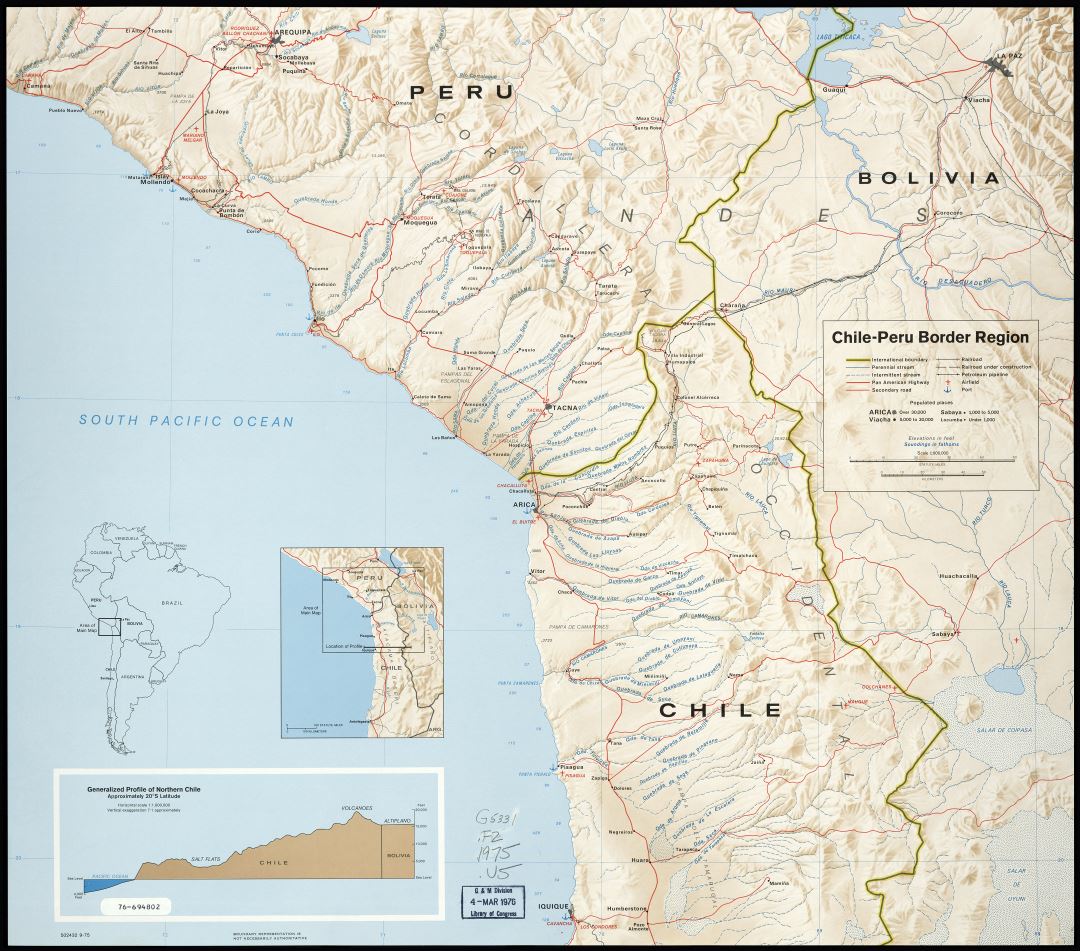 Large scale Chile - Peru border region map with relief and other marks - 1975