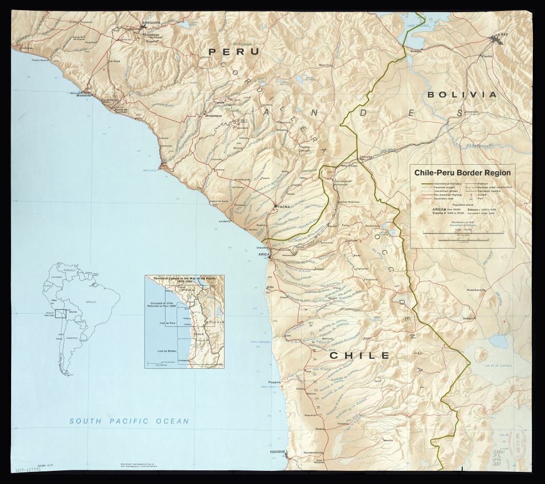 Large scale detailed Chile-Peru border region map with relief and other marks - 1974