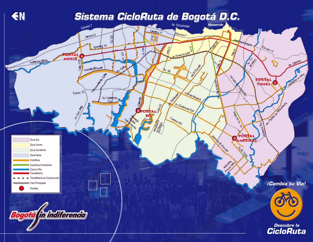 Detailed bike paths network map of Bogota city