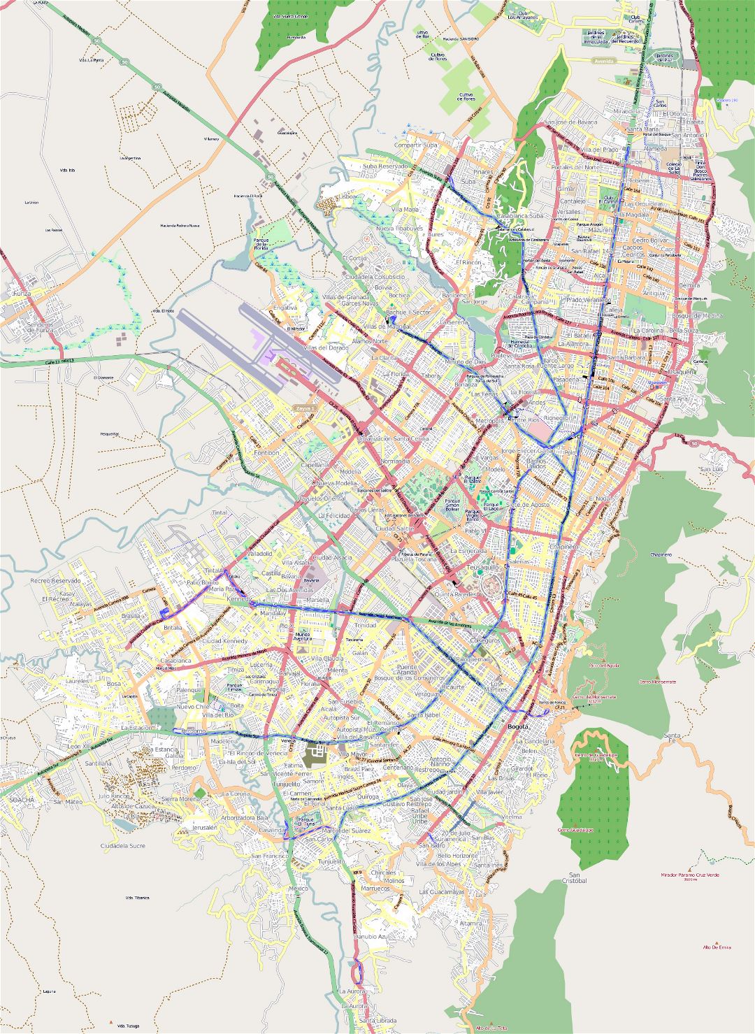 Detailed road map of Bogota city