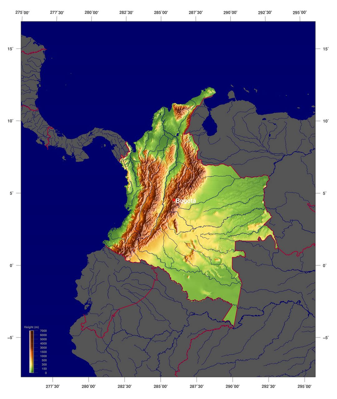 Detailed physical map of Colombia