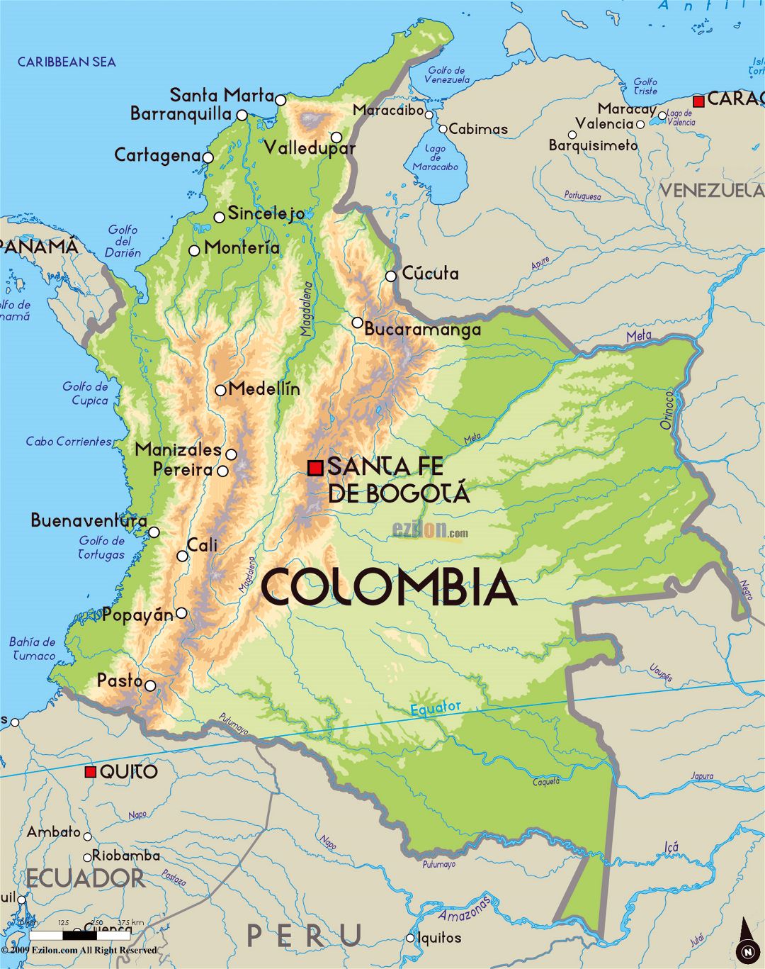 Detailed physical map of Colombia with major cities