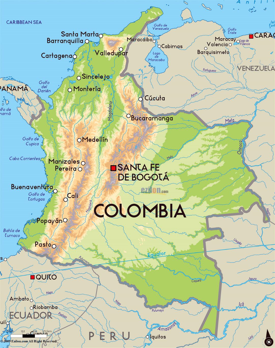 Detailed physical map of Colombia with major cities | Colombia | South