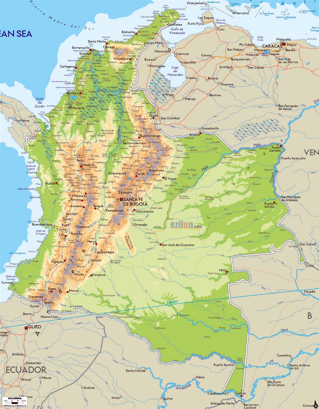 Detailed physical map of Colombia with roads, cities and airports