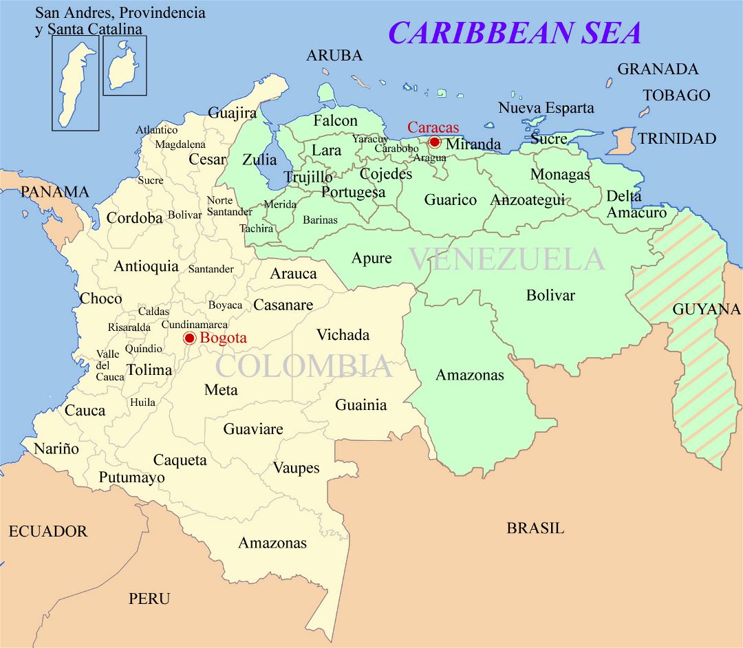 Detailed political and administrative map of Colombia and Venezuela