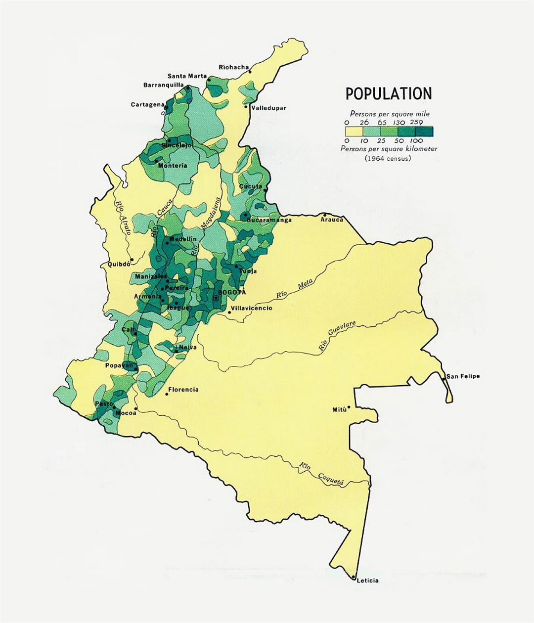 Detailed population map of Colombia - 1970