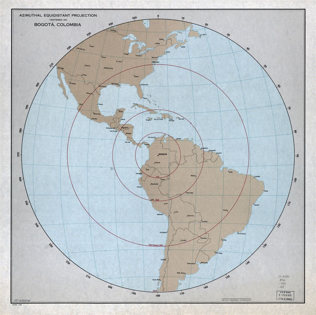 Large detailed map of azimuthal equidistant projection centered on Bogota, Colombia - 1966