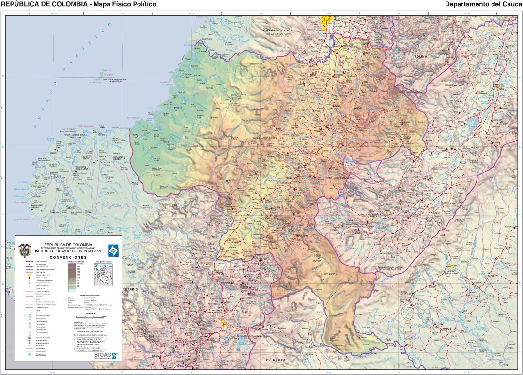 Large detailed physical map of Colombia