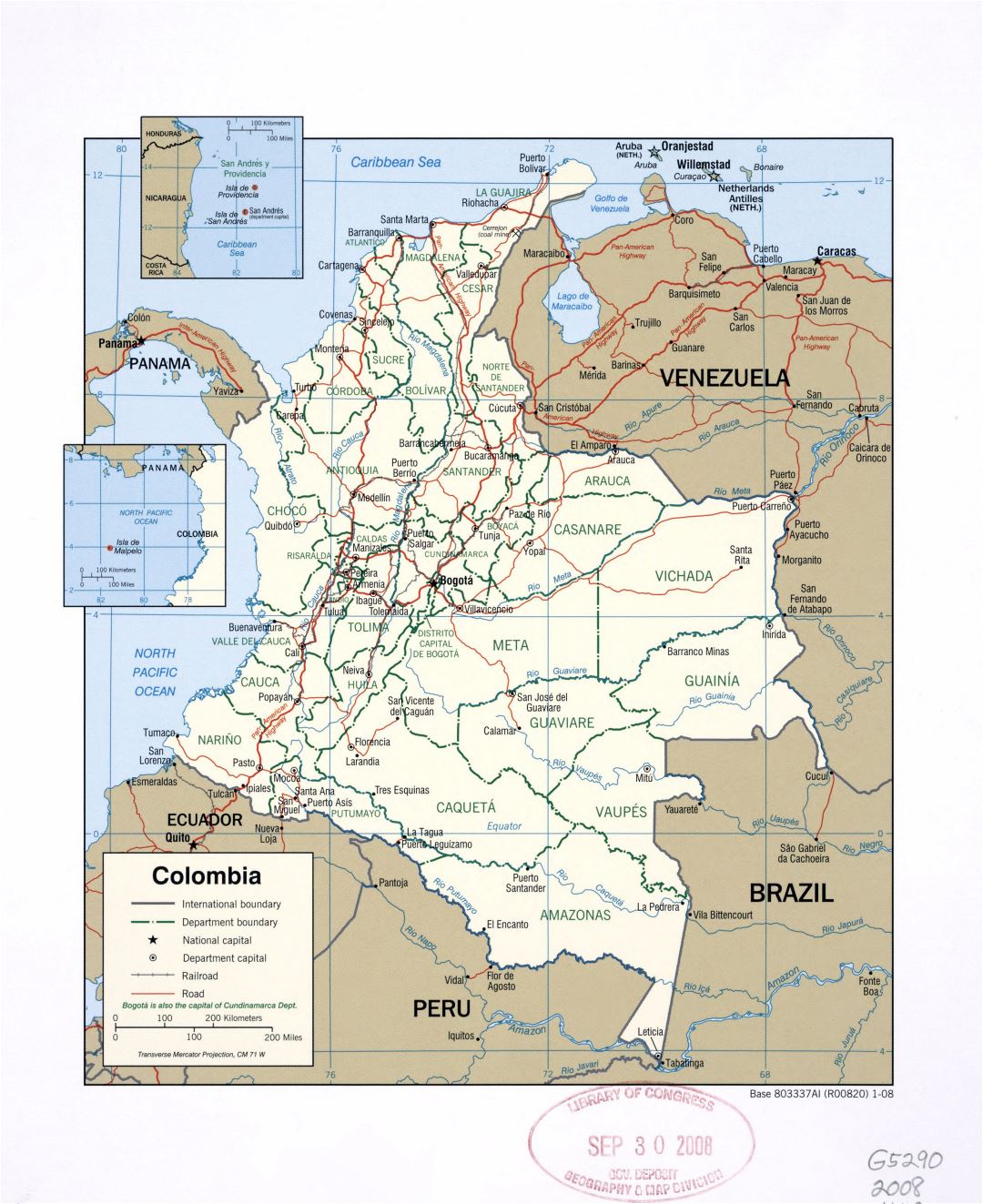 Large detailed political and administrative map of Colombia with marks of major cities, roads and railroads - 2008