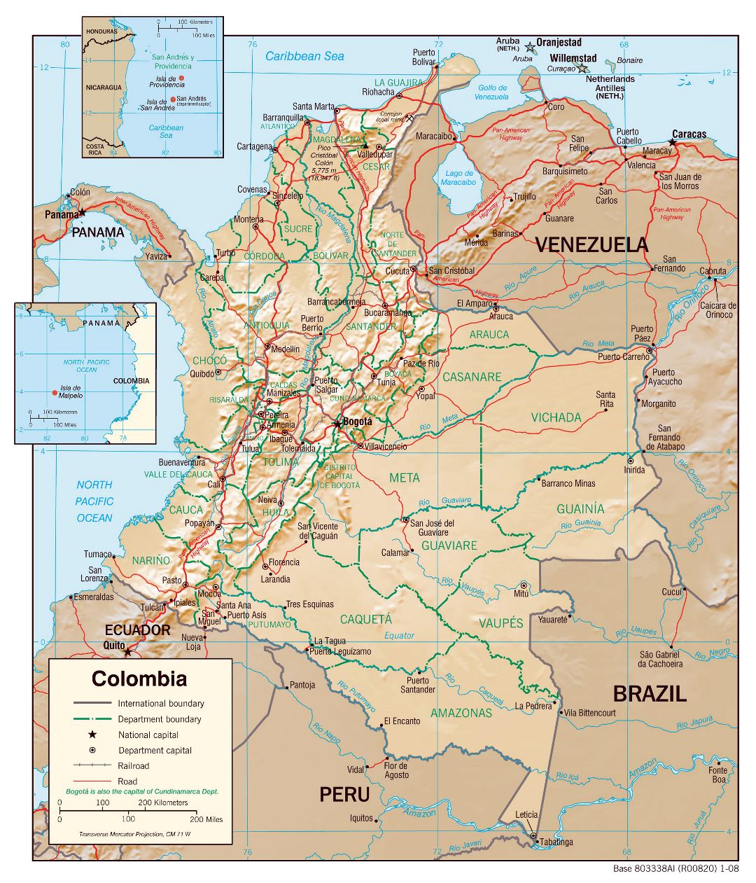 Large detailed political and administrative map of Colombia with relief, roads and major cities - 2008