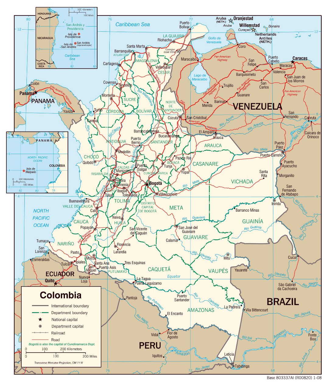 Large detailed political and administrative map of Colombia with roads and major cities - 2008