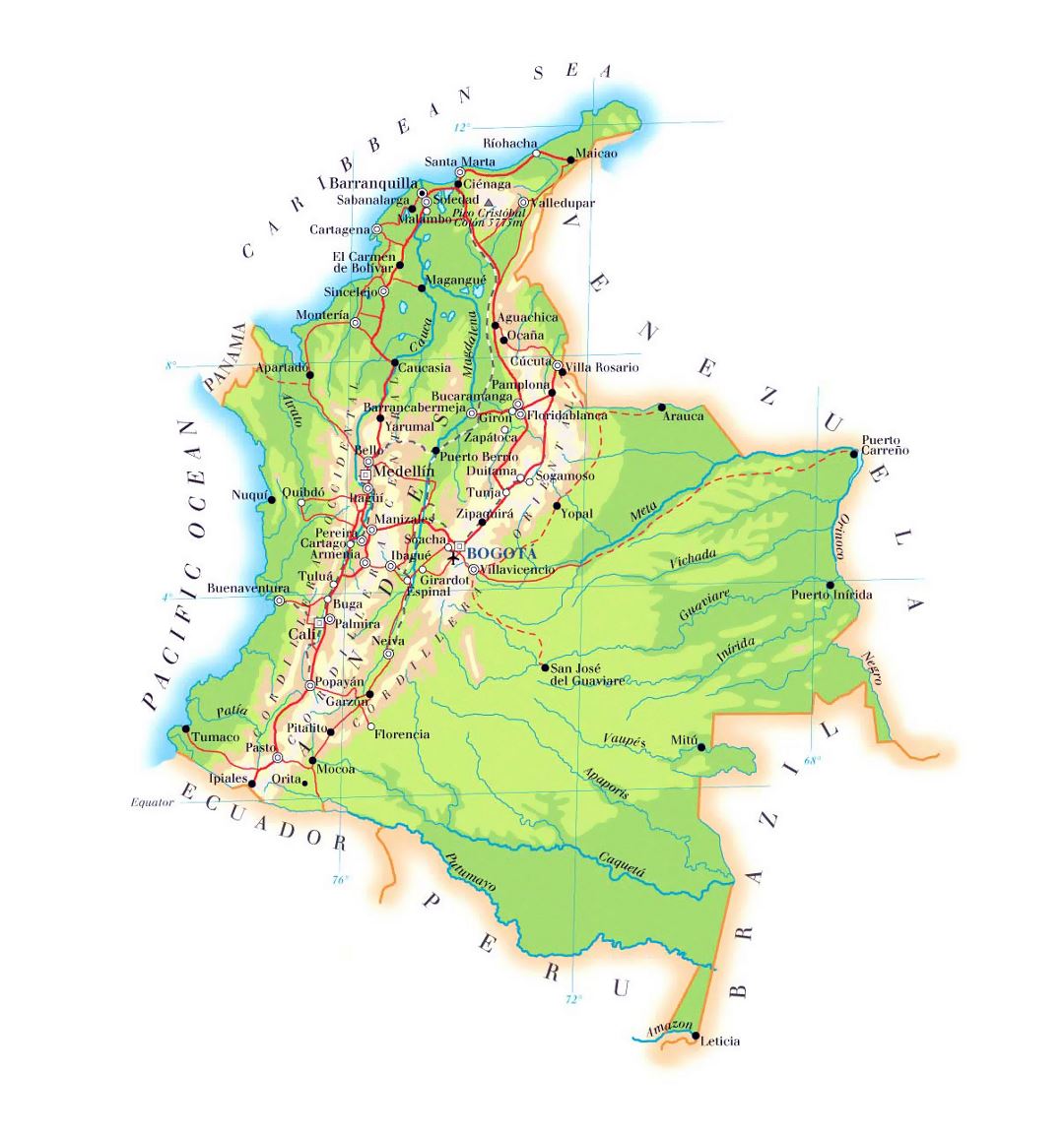 Large elevation map of Colombia with roads, cities and airports