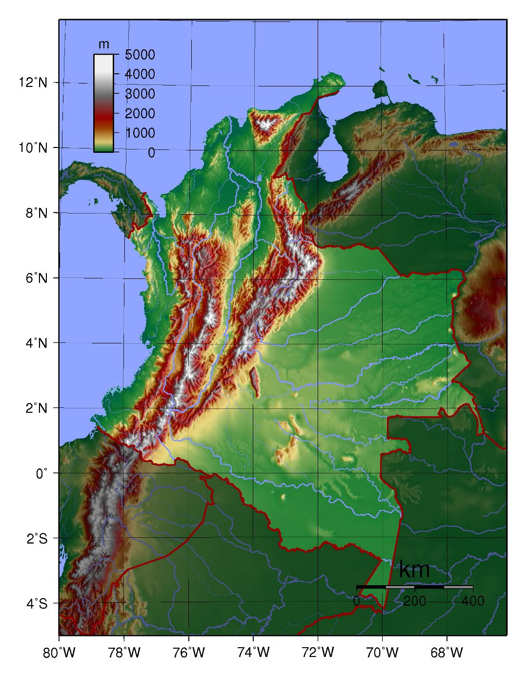 Large physical map of Colombia