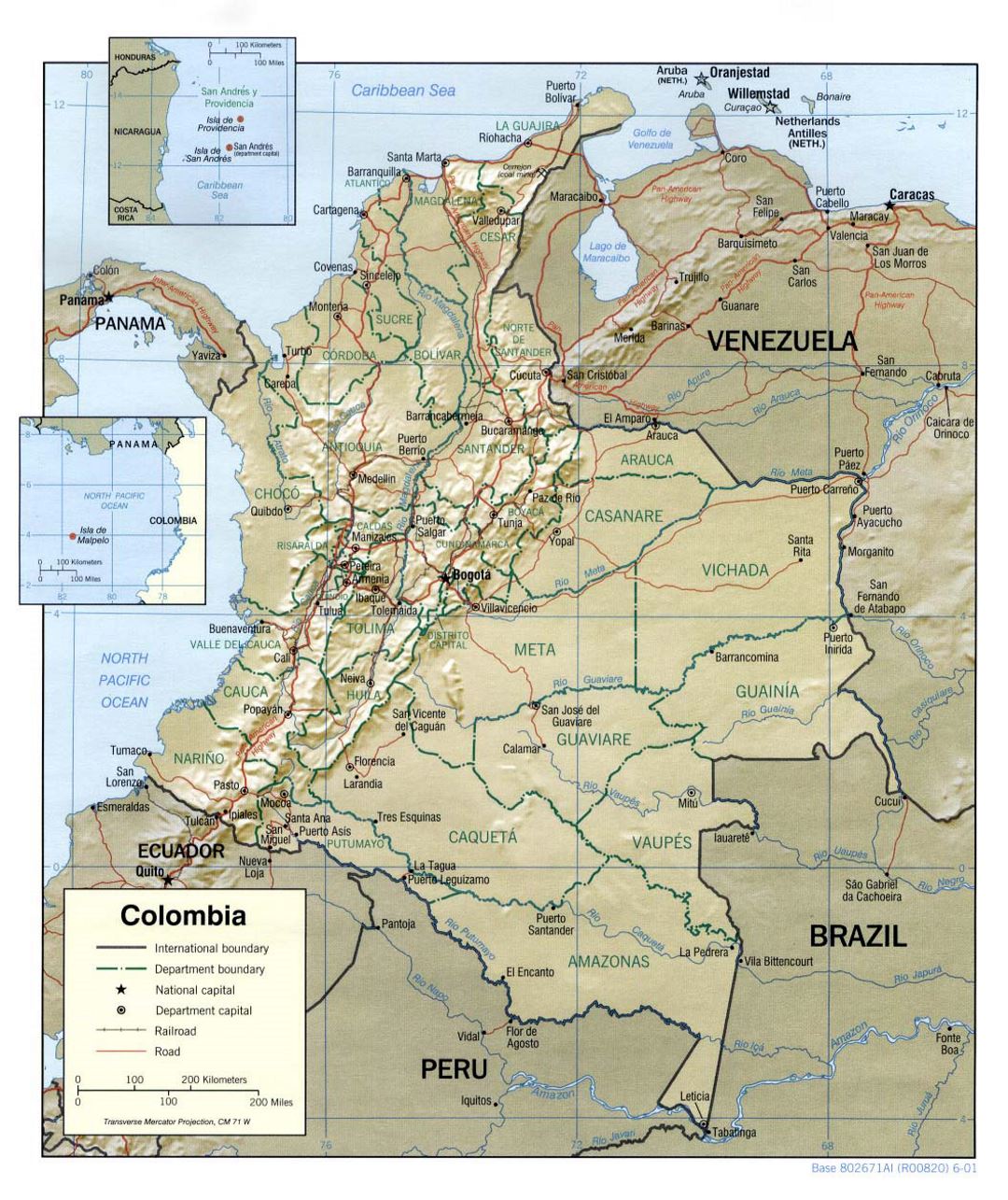 Large political and administrative map of Colombia with relief, roads and major cities - 2001