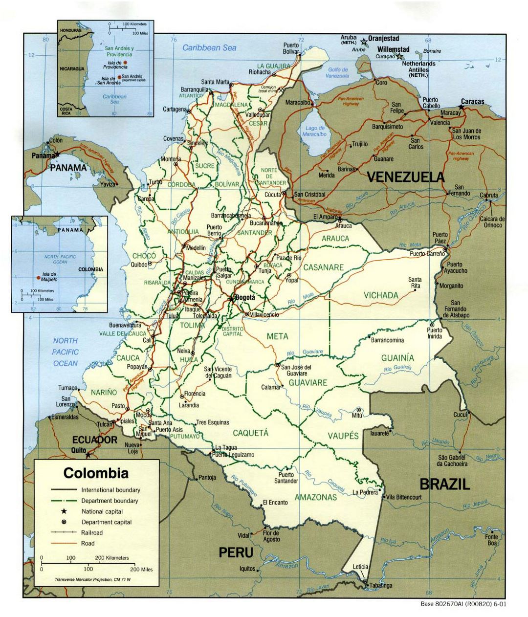 Large political and administrative map of Colombia with roads and major cities - 2001