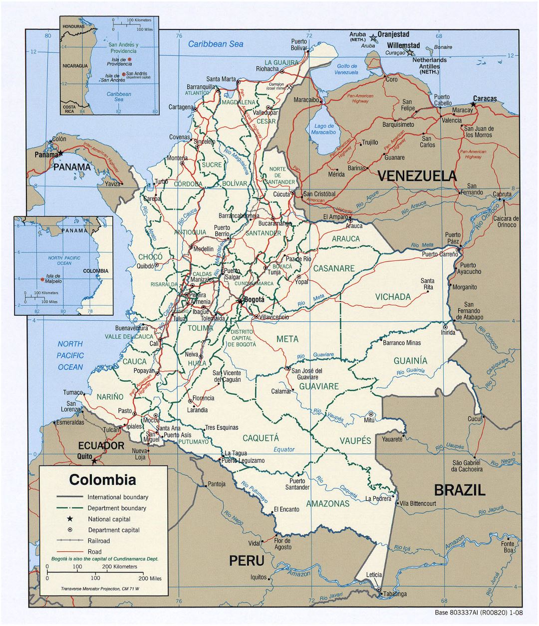 Large political and administrative map of Colombia with roads and major cities - 2008
