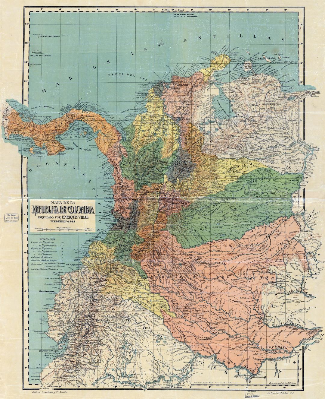 Large scale detailed old political and administrative map of Colombia with relief and other marks - 1912