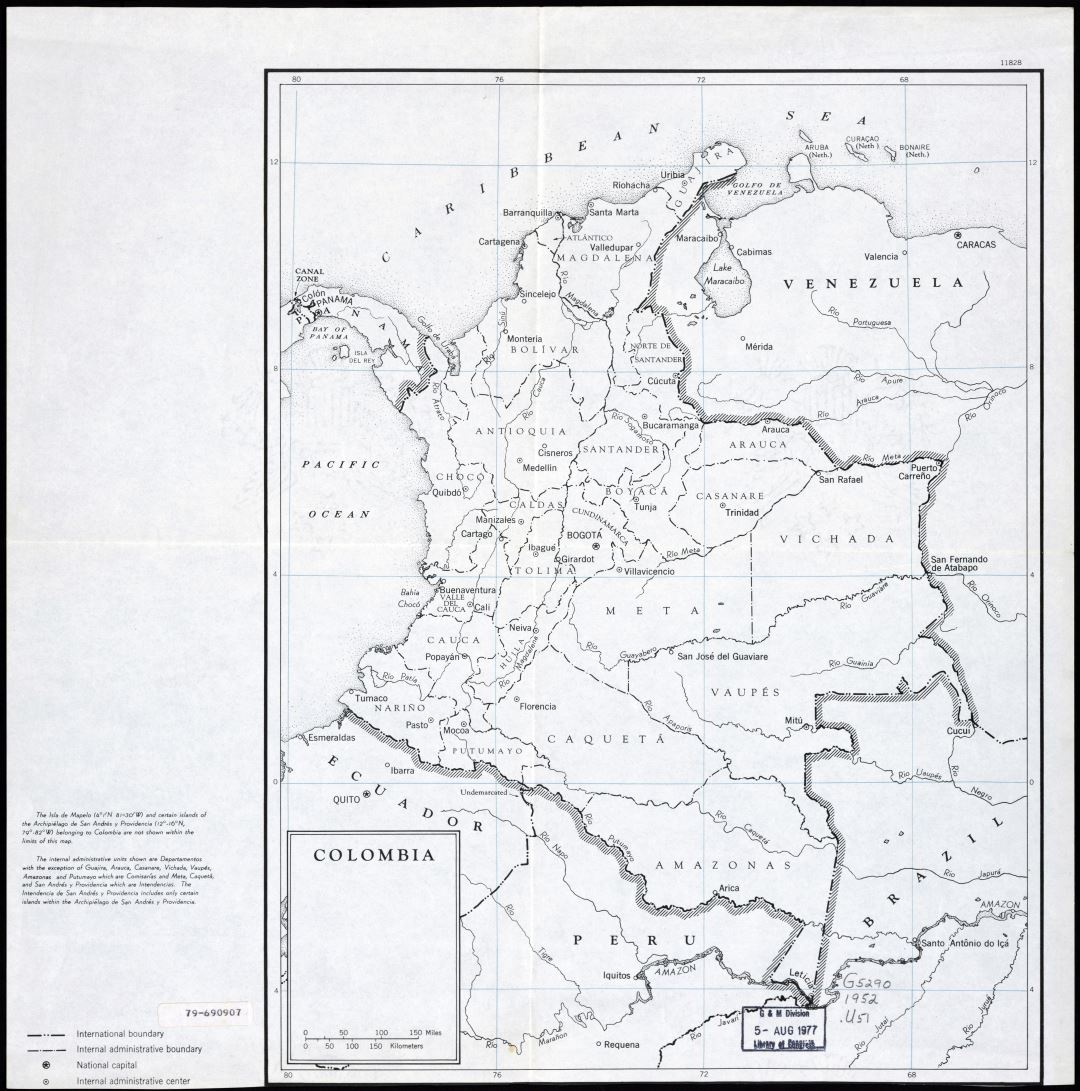 Large scale political and administrative map of Colombia - 1950
