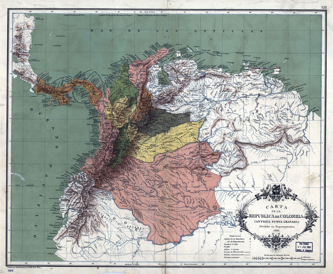 Large scale vintage map of Colombia - 1886