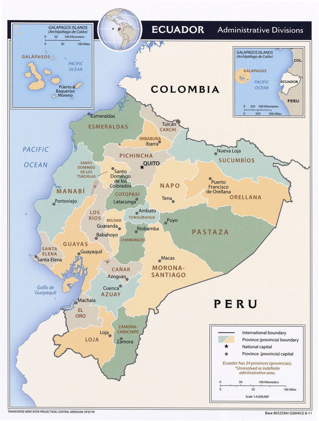 Large detailed administrative divisions map of Ecuador with major cities - 2011