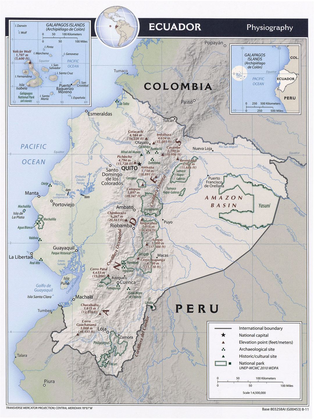 Large detailed physiography map of Ecuador - 2011