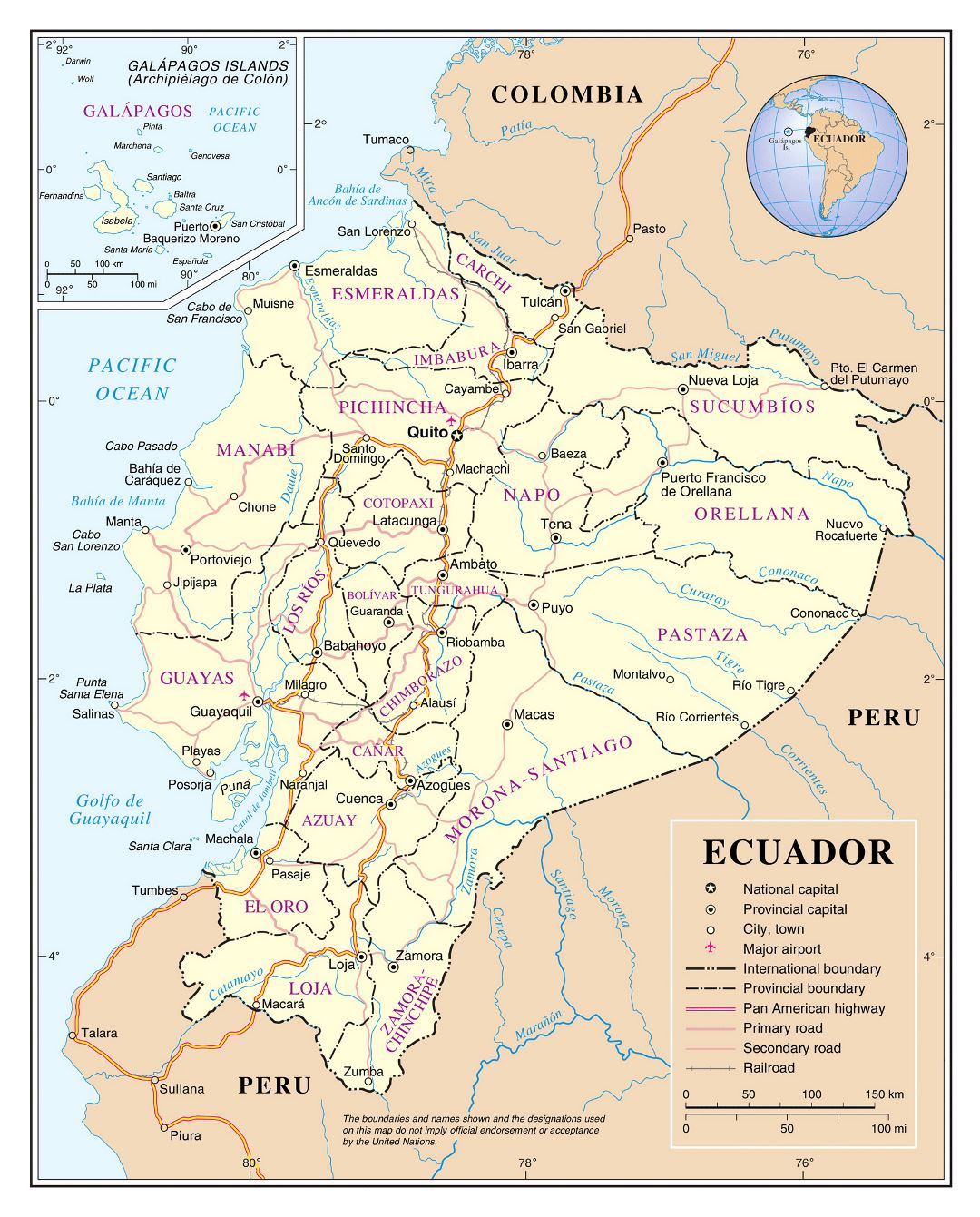Large detailed political and administrative map of Ecuador with major roads, major cities and airports
