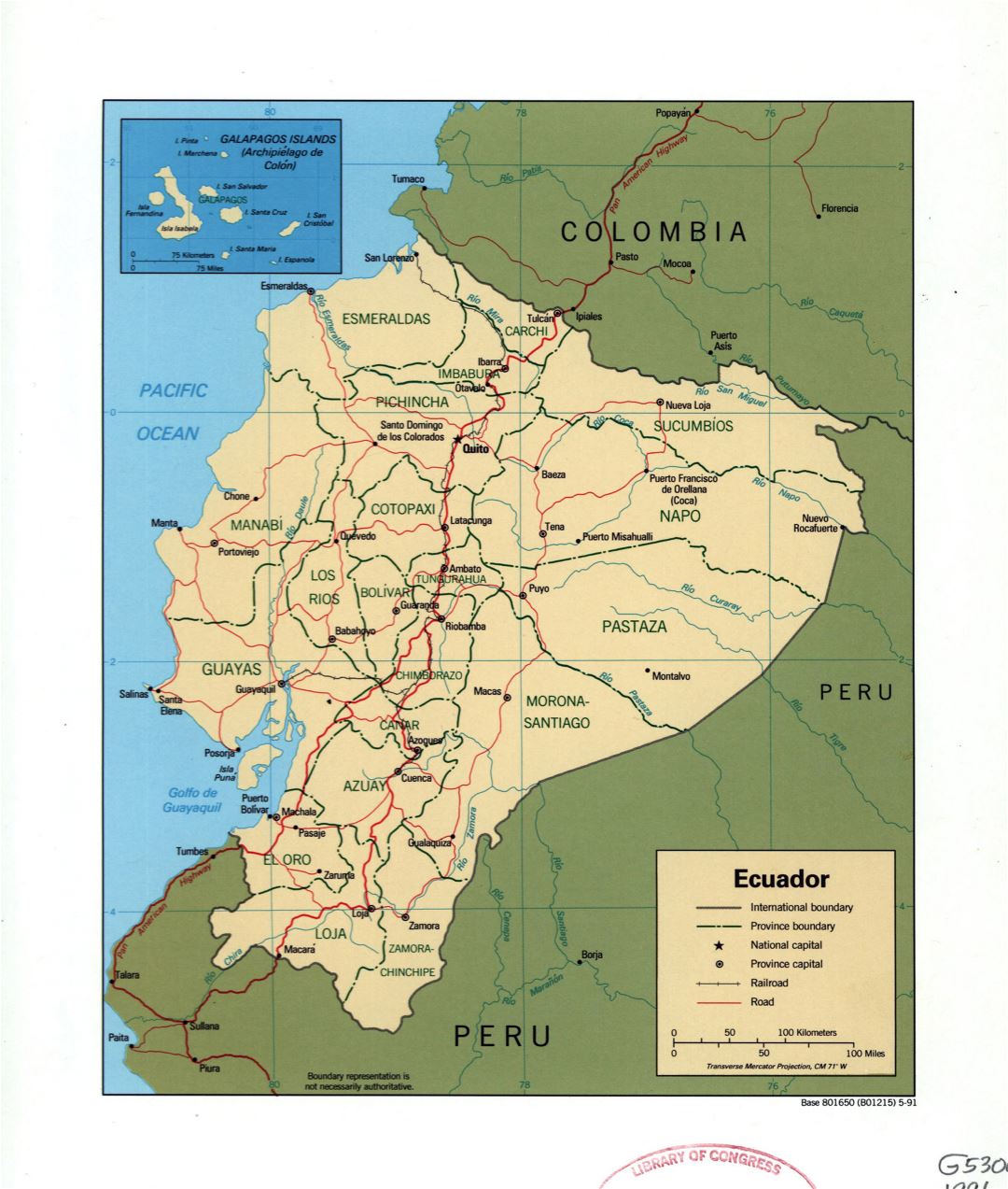 Large detailed political and administrative map of Ecuador with marks of cities, roads and railroads - 1991