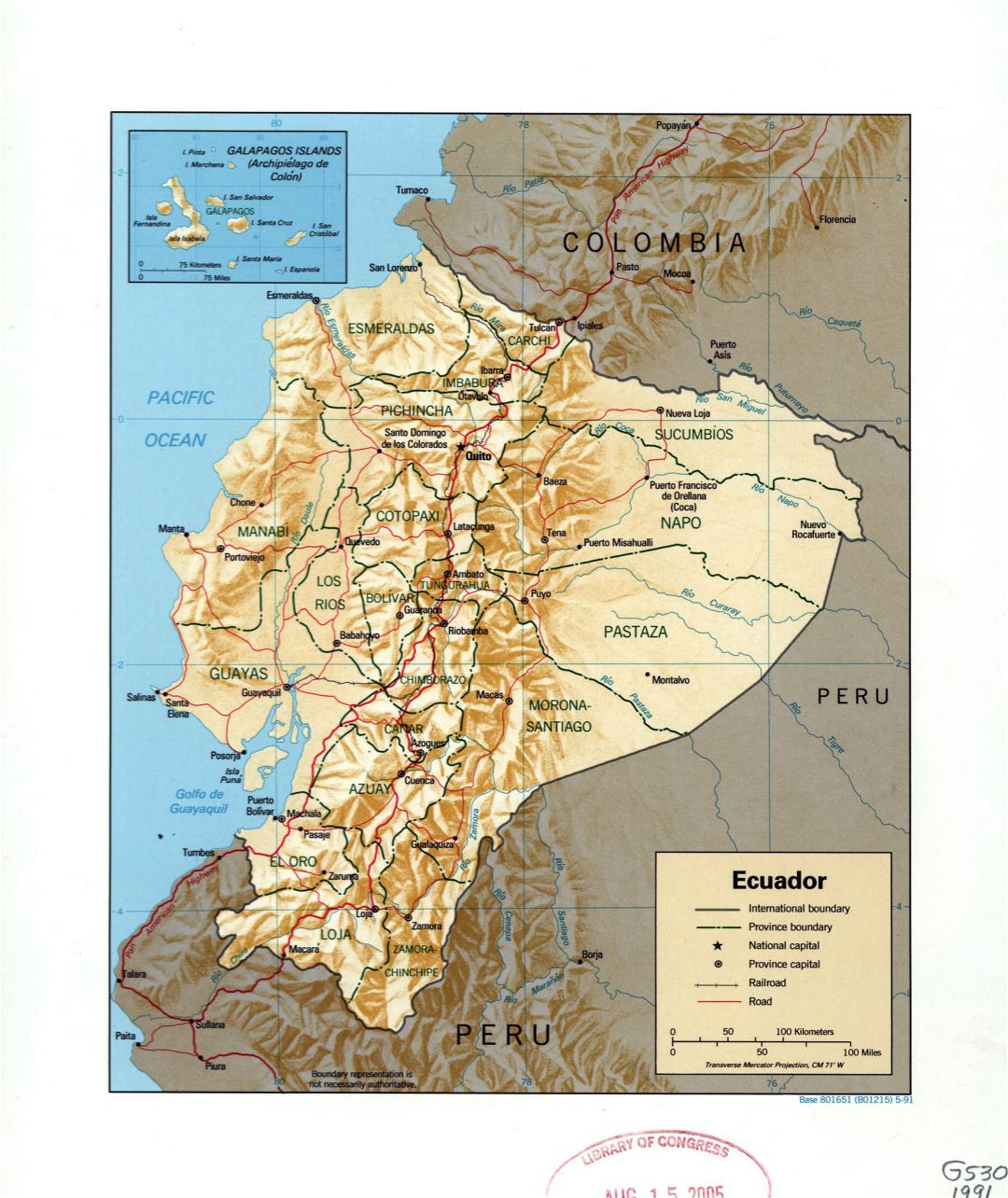 Large detailed political and administrative map of Ecuador with relief, marks of cities, roads and railroads - 1991