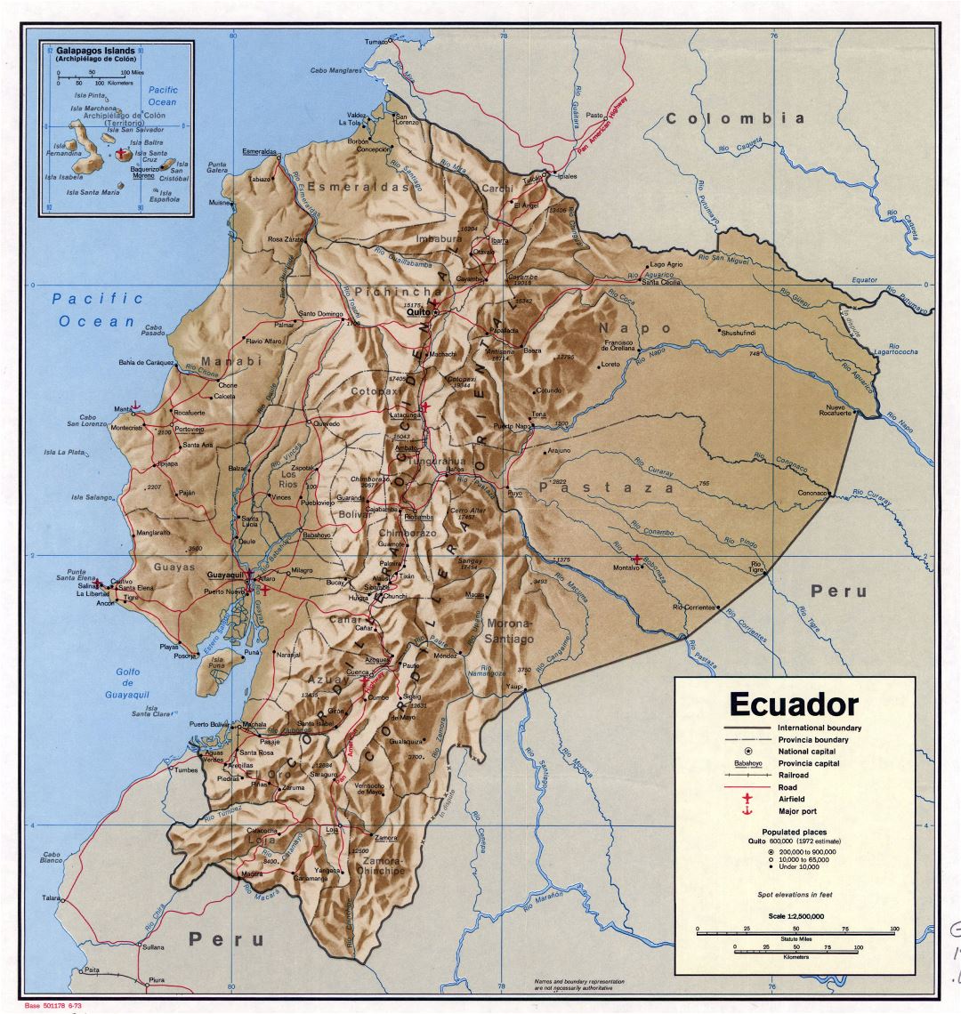 Large detailed political and administrative map of Ecuador with relief, roads, railroads, cities, seaports and airports - 1973