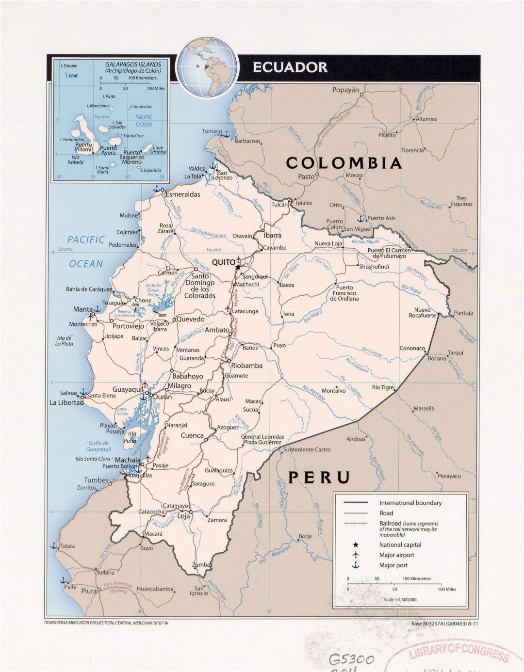 Large detailed political map of Ecuador with marks of major cities, roads, railroads, airports and sea ports - 2011