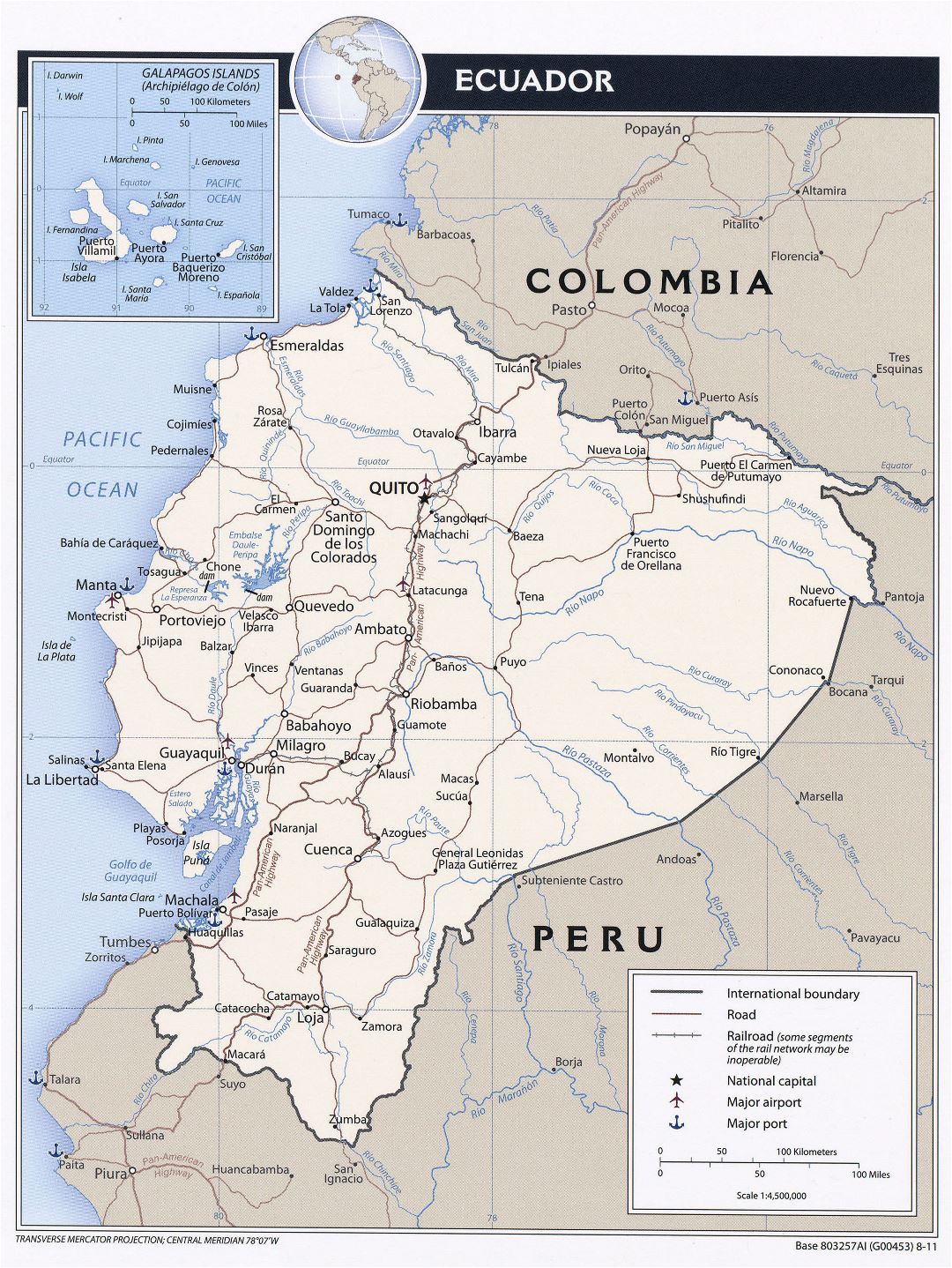 Large detailed political map of Ecuador with roads, major cities and airports - 2011