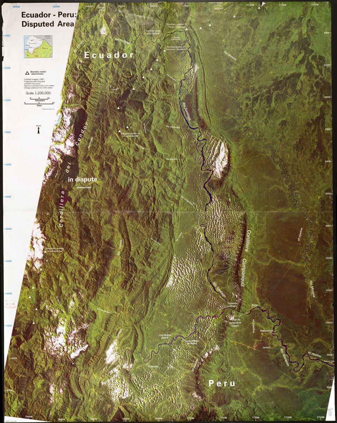 Large detailed satellite map of Ecuador-Peru disputed area - 1987
