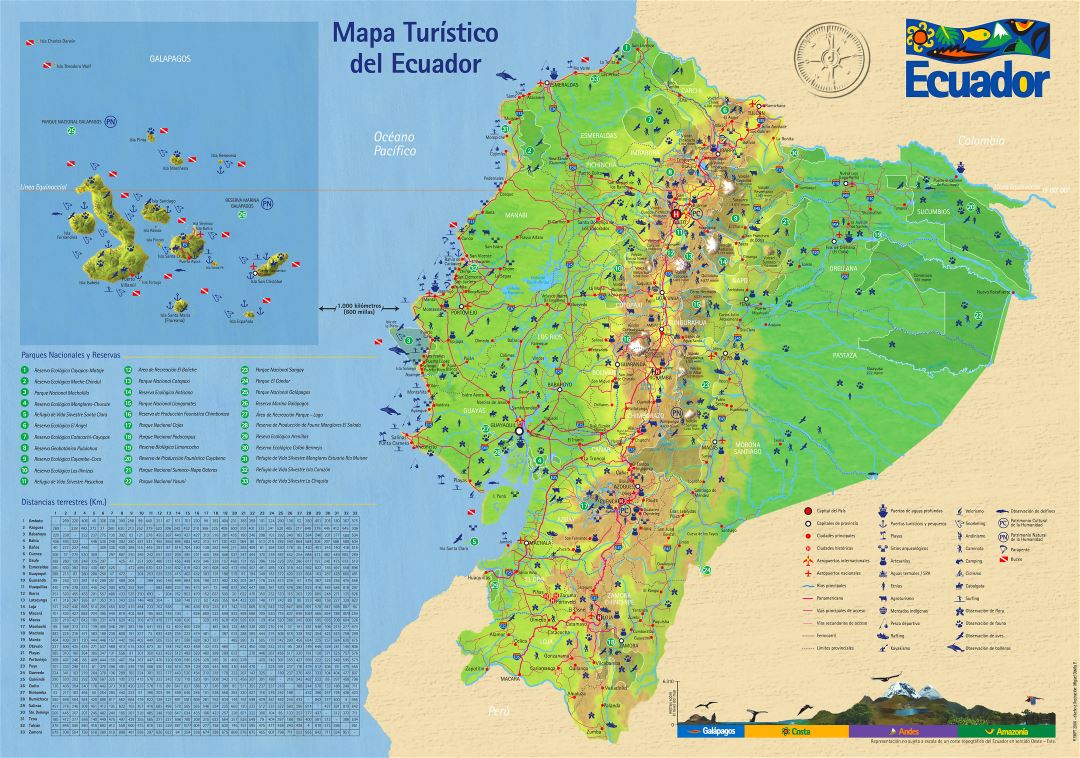 Large detailed tourist map of Ecuador with roads