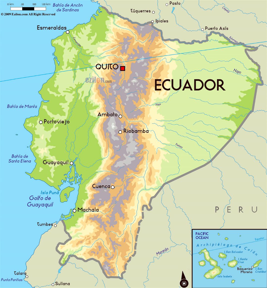 Large physical map of Ecuador with major cities