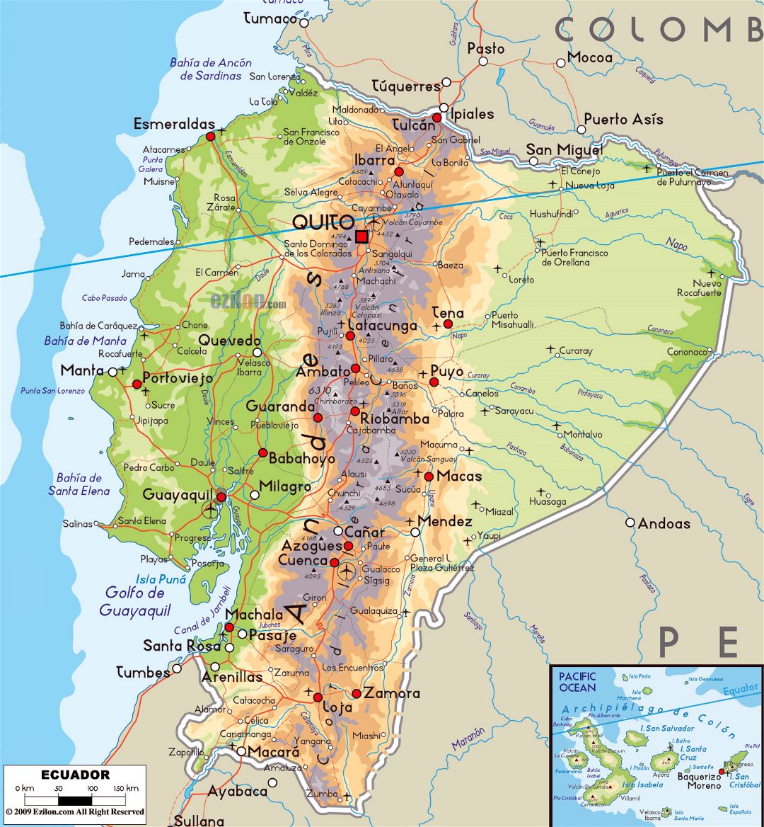 Large physical map of Ecuador with roads, cities and airports