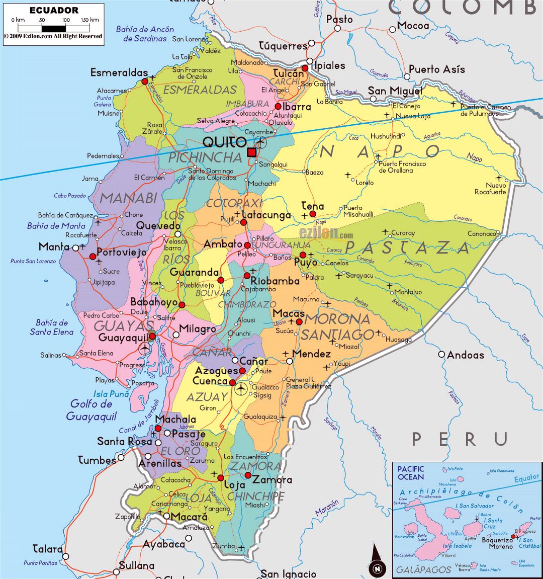 Large political and administrative map of Ecuador with roads, cities and airports