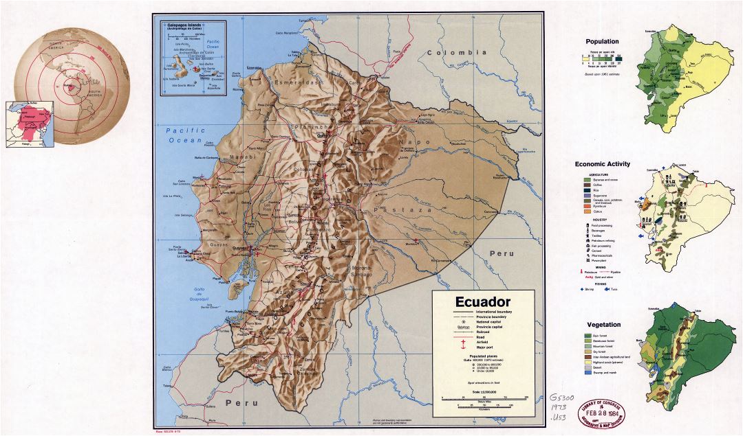 Large scale country profile map of Ecuador - 1973