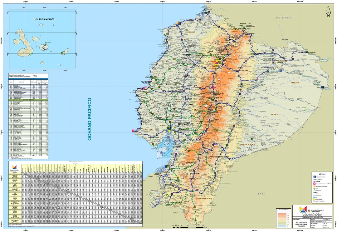 Large scale road map of Ecuador with all cities