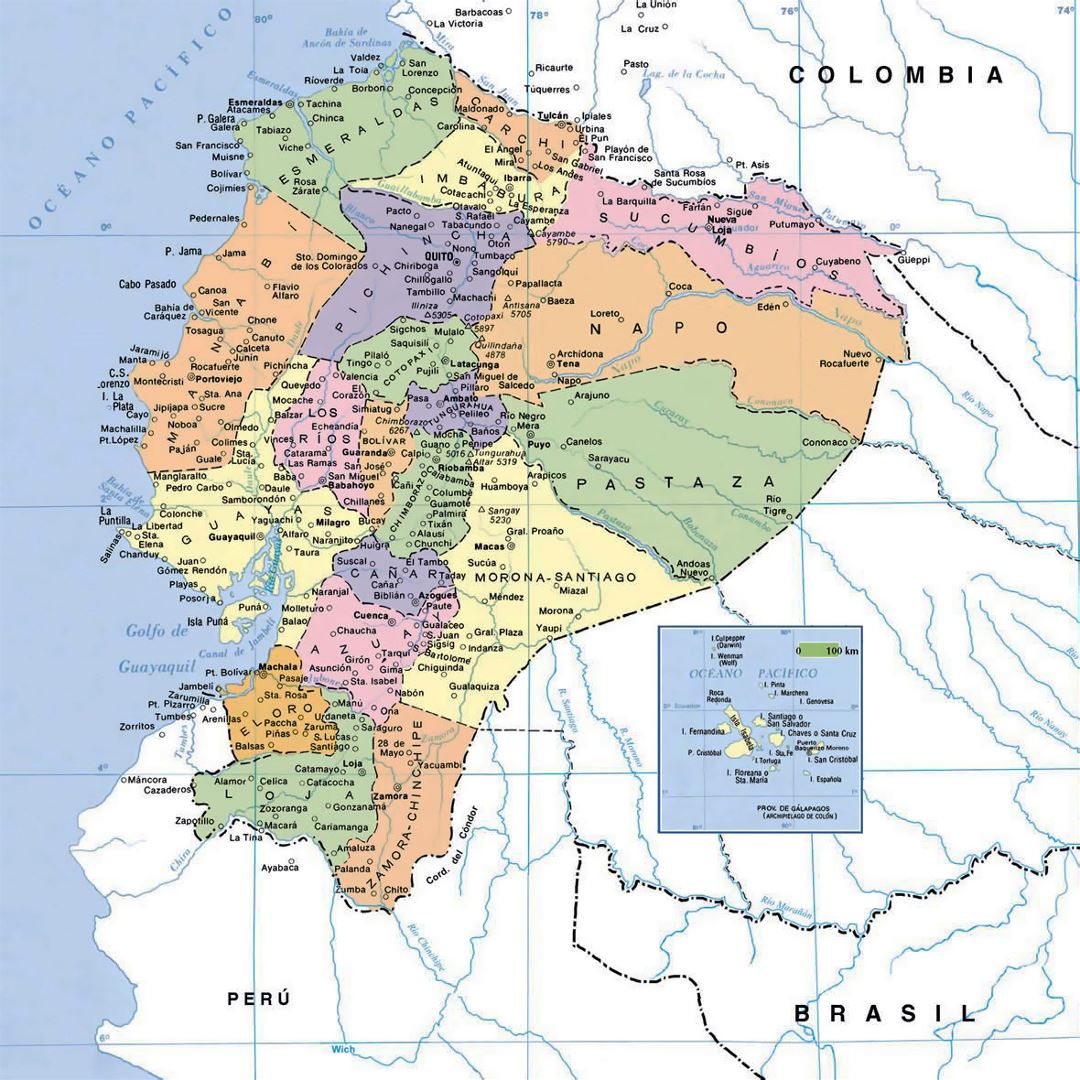 Political map of Ecuador with cities