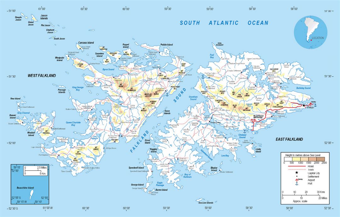Elevation map of Falkland Islands