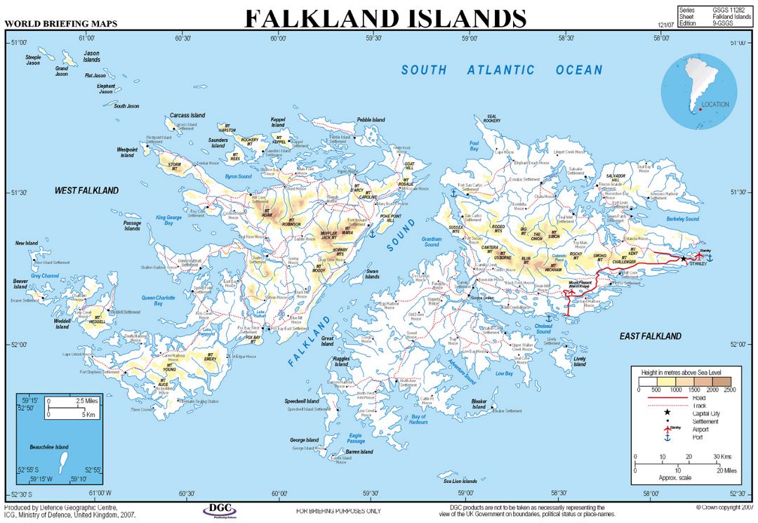 Elevation map of Falkland Islands with cities, roads, sea ports and airports
